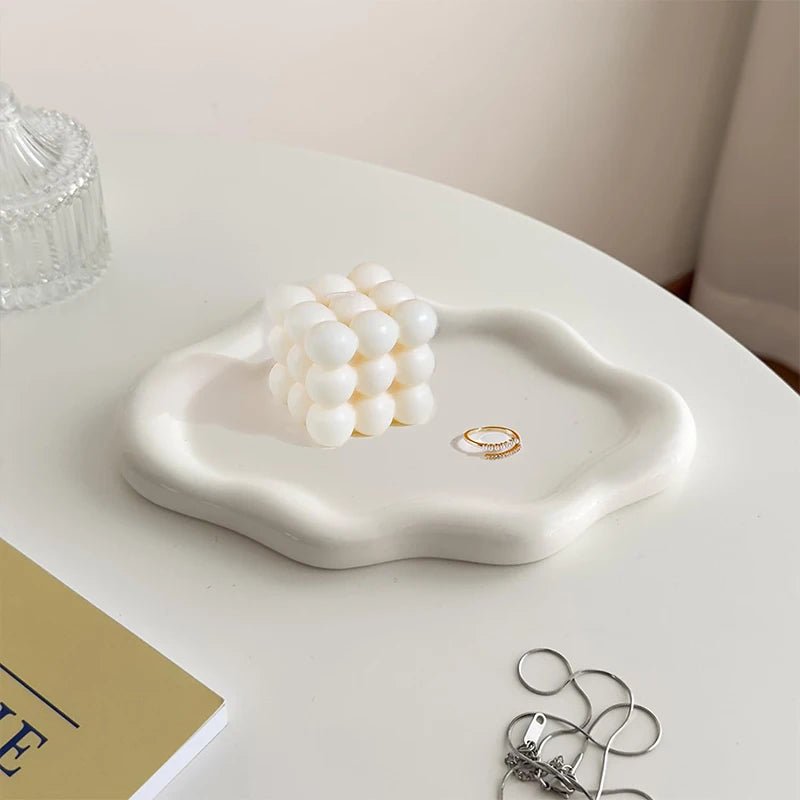 Jewelry Dish Creative White Cloud Shape Ceramic Plate Carving Plaster Decor Watch Keys Tray Holder Household Storage Ornament - Vivari Livings