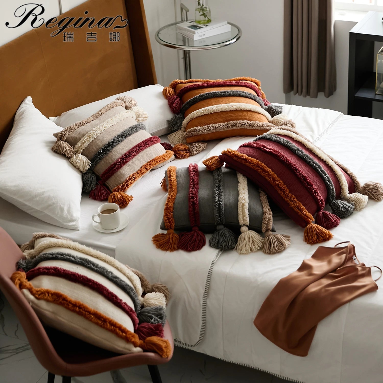 REGINA Bohemian Decor Tufted Cushion Cover Colorful Stripe Tassel Living Room Bedroom Decoration Knitted Throw Pillow Case Cover - Vivari Livings
