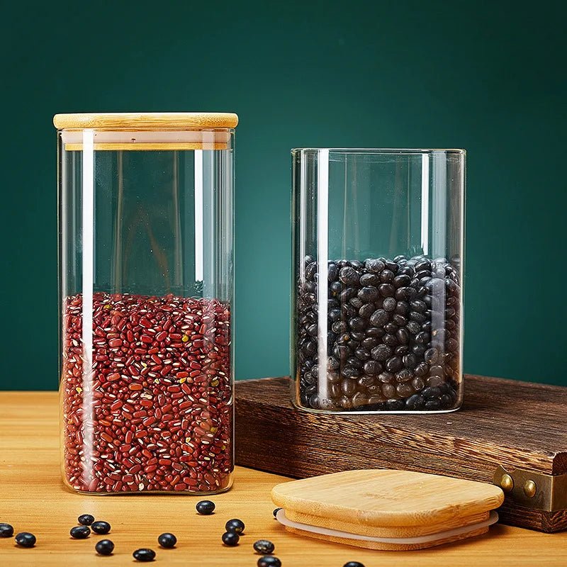 Square Glass Storage Jars with Bamboo Lid for Coffee Beans Grains Noodles food Storage Containers Kitchen Organizers Storage - Vivari Livings